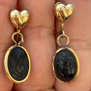 Vintage Gold Filled Carved Black Stone Earrings Heart Black Scarabs